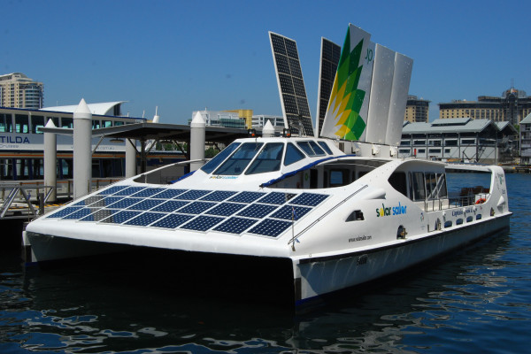 The Solar Sailor, in Sydney, uses photovoltaics and sails to use sun and wind to power the vessel