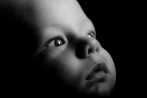 close-up black and white photo of a baby's face
