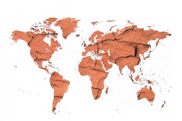 A map of Earth where the continents are cracked red soil