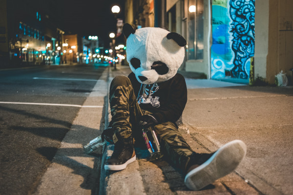 Man drunk in a panda suit