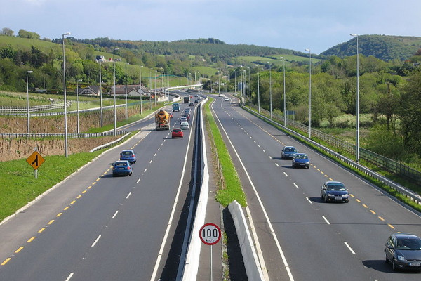 motorway verge, median barrier on the N11 dual-carriageway looking south towards the Glen of the Downs in Co. Wicklow, Ireland