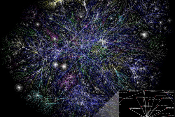 Partial map of the Internet based on the January 15, 2005 data found on opte.org. Each line is drawn between two nodes, representing two IP addresses. The length of the lines are indicative of the delay between those two nodes.