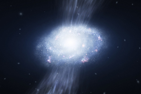Artistic impression of gas accretion on a high redshift galaxy.