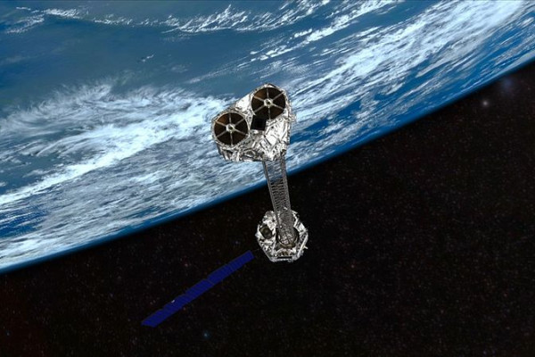  Artist's concept of NuSTAR on orbit. NuSTAR has a 10-m (30') mast that deploys after launch to separate the optics modules (right) from the detectors in the focal plane (left). The spacecraft, which controls NuSTAR's pointings, and the solar panels...