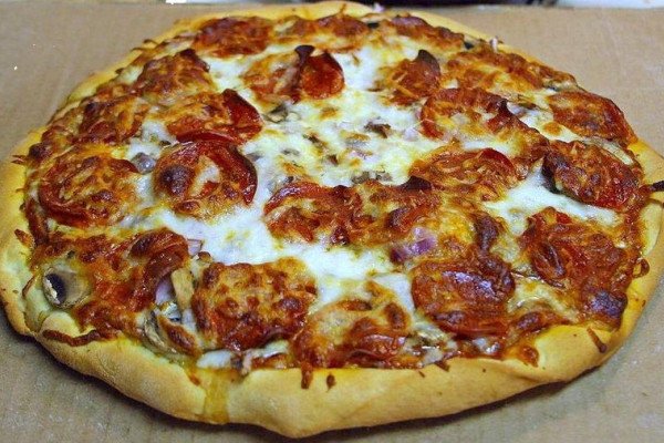 A homemade pepperoni pizza.