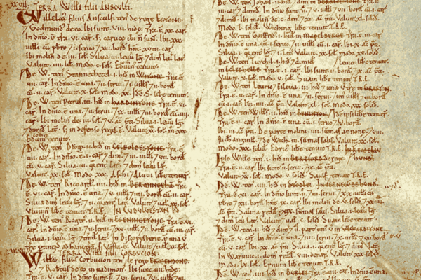 Page from the Domesday Book for Warwickshire, including listing of Birmingham