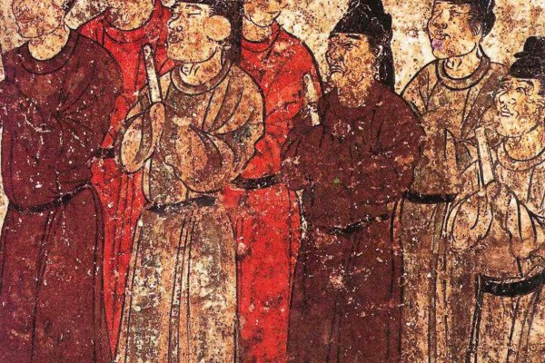 A group of eunuchs. Mural from the tomb of the prince Zhanghuai, 706 AD