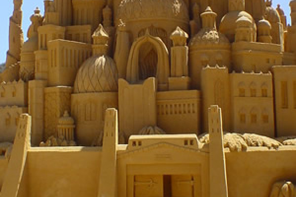 Intricate sand castle sculpture, approx. 10 feet high, in Victoria, Australia