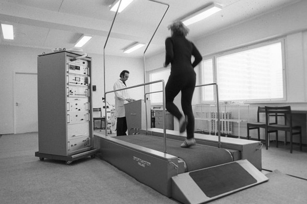 Testing on a treadmill at the functional diagnosis and sports test room at the medical center of the Olympic village during the 22nd Summer Olympic Games.