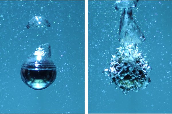  Image of a 2 cm heated steel sphere cooling in boiling water. In the left image the sphere is in the film boiling or Leidenfrost regime wrapped in a vapor layer. In the right image the sphere temperature has fallen and the cooling is switched to...
