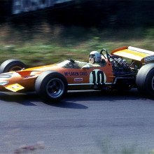 The M7 car of 1968 gave McLaren their first Formula One wins. It is driven here by Bruce McLaren at the Nürburgring in 1969.