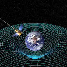 Artist concept of Gravity Probe B orbiting the Earth to measure space-time, a four-dimensional description of the universe including height, width, length, and time.