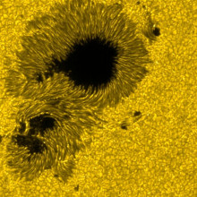 Granules-like structure of surface of sun and sunspots (size around 20'000km). Visible light. Taken by Hinode's Solar Optical Telescope (SOT).