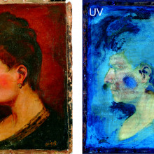 The oil painting on the left fluoresces when exposed to ultraviolet light (right), but evidence of signature forgery remained unseen until a new non-invasive imaging technique was used.