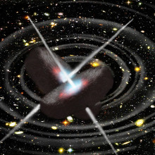 An artistic impression of colliding black holes and the resulting gravitational waves, which were predicted by Einstein's Theory of General Relativity.