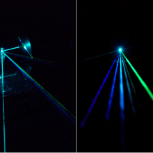 Argon laser beam separated into several beams at different wavelengths An argon laser beam consisting of multiple colors (wavelengths) strikes a silicon diffraction mirror grating and is separated into several beams, one for each wavelength. The wavelengths are (left to right) 458nm, 476nm, 488nm, 497nm, 502nm, 515nm.