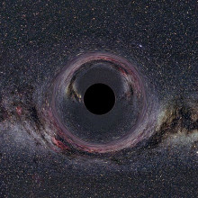 A simulated Black Hole of ten solar masses as seen from a distance of 600km with the Milky Way in the background (horizontal camera opening angle: 90°)