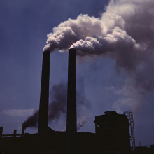 Smokestacks from a wartime production plant, World War II.