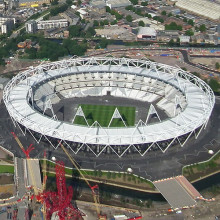 June 2011 - Aerial photo of the Olympic Park main stadium and Orbit tower under construction