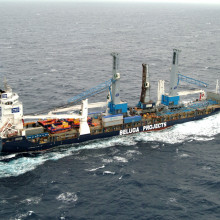 Multipurpose heavy-lift project carrier MV Beluga Indication transports Gottwald harbour cranes on the ocean
