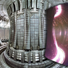 Split image showing interior view of the JET vacuum vessel with a superimposed image of an actual JET plasma, taken with an infra-red camera, 2005