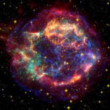 A false color image of Cassiopeia using observations from both the Hubble and Spitzer telescopes as well as the Chandra X-ray Observatory