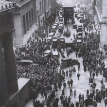 A solemn crowd gathers outside the Stock Exchange after the crash. 1929.