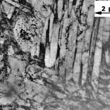 Bainitic zone in welding of DQSK (draw quality semi-killed) steel (mild steel). Transmission electron microscopy (TEM) image.
