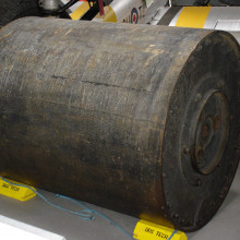A real bouncing bomb at Duxford Imperial War Museum. Photographed by Martin Richards Feb 2005.