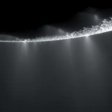 Plumes of water ice are ejected kilometres above the surface of Saturn's tiny satellite Enceladus