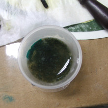 A container with an iron(II) hydroxide precipitate. It was made by electrolysis of a solution of sodium carbonate with an iron anode