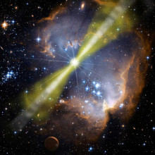 Artist's illustration of one model of the bright gamma-ray burst GRB 080319B. The explosion is highly beamed into two bipolar jets, with a narrow inner jet surrounded by a wider outer jet.