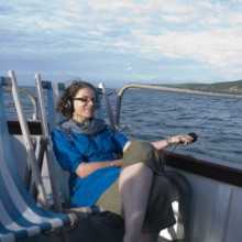 Helen Scales recording at sea