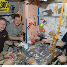  NASA astronaut Tim Kopra (left), European Space Agency astronaut Frank De Winne, cosmonaut Roman Romanenko and NASA astronaut Michael Barratt, all Expedition 20 flight engineers, share a meal at a galley in the Unity node of the International Space...