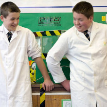 Jamie Edwards (left) and George Barker (right) at Penwortham Priory Academy, Preston, after Jamie became the youngest person yet to achieve nuclear fusion.