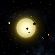 Kepler-11 is a sun-like star around which six planets orbit. At times, two or more planets pass in front of the star at once, as shown in this artist's conception of a simultaneous transit of three planets observed by NASA's Kepler spacecraft on Aug. 26