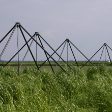 Radio antennas of the ITS (Initial Test Station) radio telescope in Exloo, Netherlands. ITS is a prototype station for the LOFAR (LOw Frequency ARray) radio telescope.