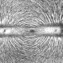 Magnetic lines of force of a bar magnet shown by iron filings on paper from Practical Physics, publ. 1914 by Macmillan and Company