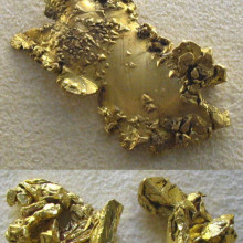  A collage of 2 photos, showing 3 pieces of native gold. The top piece is from the Washington mining district, California, and the bottom two are from Victoria, Australia. The bottom 2 pieces illustrate octahedral formations. The photos were taken at...