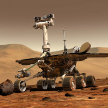 An artist's concept portrays a NASA Mars Exploration Rover on the surface of Mars. Two rovers have been built for 2003 launches and January 2004 arrival at two sites on Mars. Each rover has the mobility and toolkit to function as a robotic geologist.