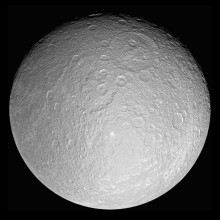 This giant mosaic reveals Saturn's icy moon Rhea in her full, crater-scarred glory. This view consists of 21 clear-filter images and is centered at 0.4 degrees south latitude, 171 degrees west longitude.