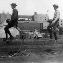 Penny Farthing Two men ride penny-farthings in Los Angeles, California, 1886.