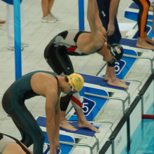 Michael Phelps starting the 4x100m relay at the Beijing olympic games, august 11th 2008 at the Watercube