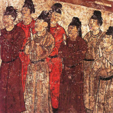 A group of eunuchs. Mural from the tomb of the prince Zhanghuai, 706 AD