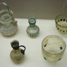 Selection of 4th century Gallo-Roman glass, from the Museum Saint-Remi à Reims, Marne, France.