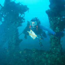 A driver exploring an underwater wreck