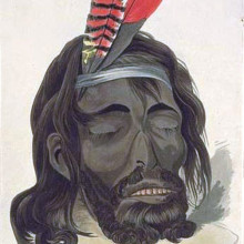 This image is a hand-coloured aquatint portrait of Yagan by George Cruikshank.