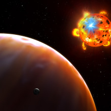 This is an artist's concept of a red dwarf star undergoing a powerful eruption, called a stellar flare. This is an artist's concept of a red dwarf star undergoing a powerful eruption, called a stellar flare. A hypothetical planet is in the foreground. Flares are sudden eruptions of heated plasma that occur when the field lines of powerful magnetic...