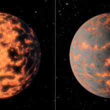 Artists impression of super-Earth 55 Cancri e, showing a hot partially-molten surface of the planet before and after possible volcanic activity on the day side.