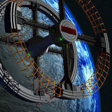 Artists impression of a space station, which would rotate to produce artificial gravity.